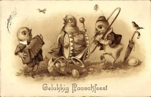 Ak Glückwunsch Ostern, Musizierende Küken, Musikinstrumente