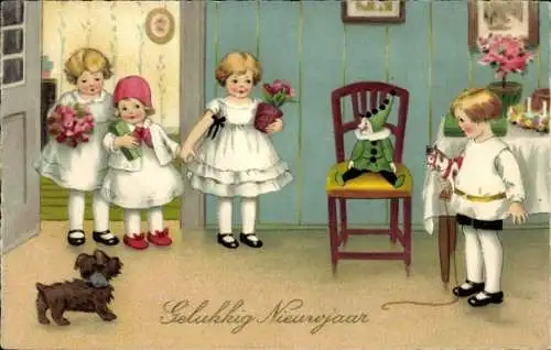 Künstler Ak Glückwunsch Neujahr, Gratulanten, Geburtstagskind, Geschenke, Hund, Blumen