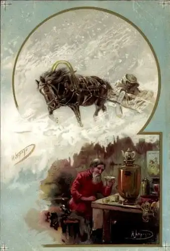 Künstler Litho Pferd, Schlitten, Schneefall, Mann in seiner Wohnstube, Tee