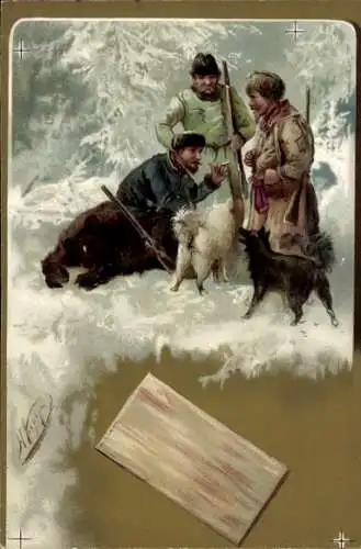 Künstler Litho Jagd, Jäger, Hunde, Gewehr, Schnee