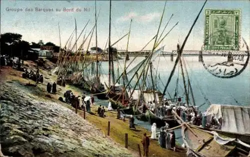 Ak Cafre el Zayat Ägypten, Bootsgruppe am Nilufer und an der Brücke