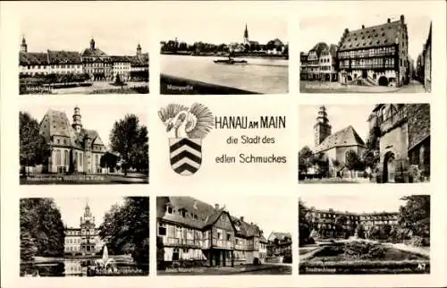 Ak Hanau am Main, Wappen, Schwan, Stadtschloss, altes Münzhaus, niederländische Wallfahrtskirche
