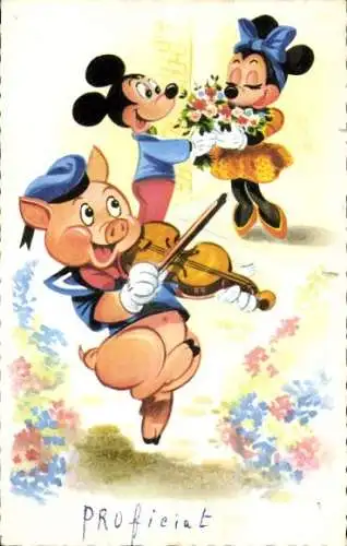 Ak Walt Disney, Micky Maus, Minnie Maus, kleines Schweinchen mit Geige