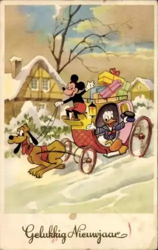 Ak Walt Disney, Fröhliches Neujahr, Micky Maus, Donald Duck, Pluto zieht Kutsche
