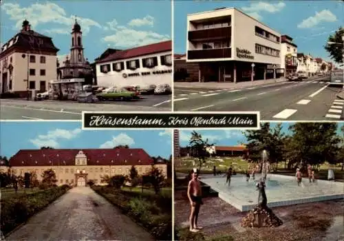 Ak Heusenstamm Landkreis Offenbach, Teilansichten, Schloss, Hotel, Sparkasse, Schwimmbad, Kirche