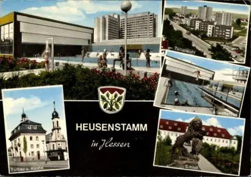 Ak Heusenstamm Landkreis Offenbach, Torbau, Kirche, Schloss, Allwetterbad, Wappen
