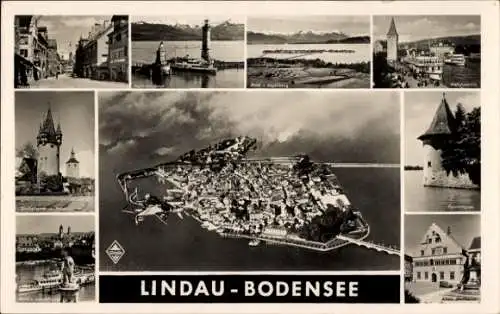 Ak Lindau am Bodensee Schwaben, Luftbild der Insel, Rathaus, Turm, Hafenpartie, Löwe, Dampfer