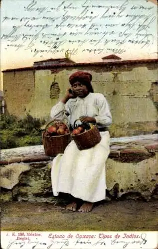 Ak Oaxaca Mexiko, einheimische Frau, Korb mit Früchten