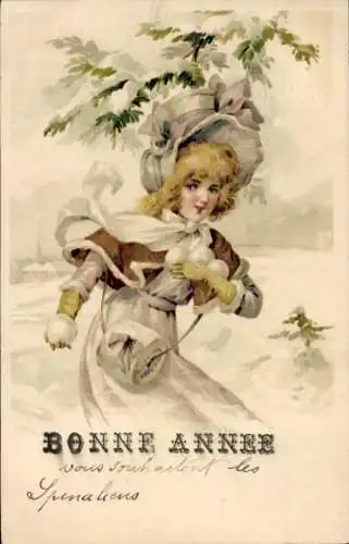 Litho Glückwunsch Neujahr, Mädchen mit Schneeball, Portrait