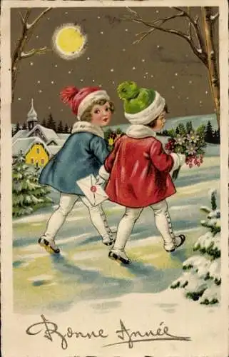 Mondschein Ak Glückwunsch Neujahr, Mädchen, Geschenke, Blumen