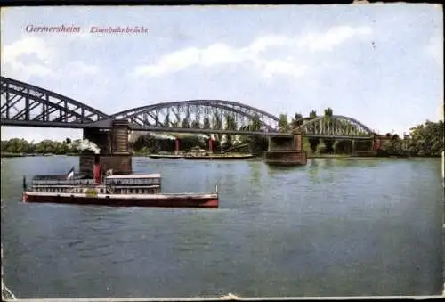 Ak Germersheim am Rhein, Eisenbahnbrücke, Dampfer