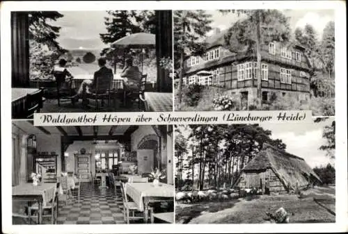 Ak Schneverdingen in der Lüneburger Heide, Waldgasthof Höpen, Terrasse, Innenansichten, Reeddachhaus