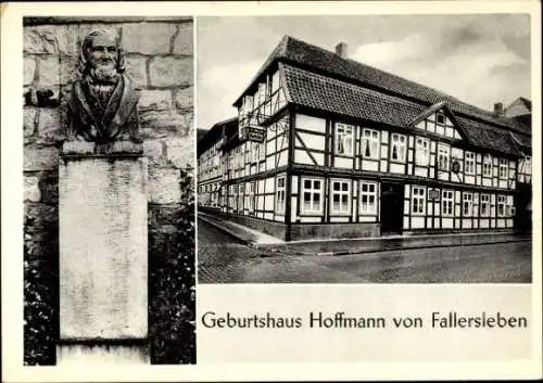 Ak Fallersleben Wolfsburg in Niedersachsen, Denkmal und Geburtshaus Hoffmann von Fallersleben