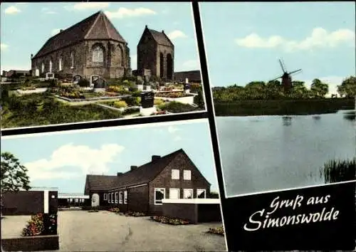 Ak Simonswolde Ihlow in Ostfriesland, Kirche, Friedhof, Windmühle, Haus