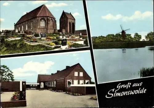 Ak Simonswolde Ihlow in Ostfriesland, Kirche, Friedhof, Windmühle, Haus