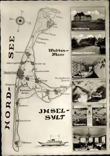 Ak Insel Sylt in Nordfriesland, Landkarte, Hotel Möwenflug, Gästehaus Silbermöwe, Welzfisch Bar