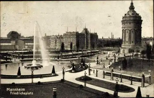 Ak Mannheim in Baden, Friedrichsplatz, Fontäne, Wasserturm