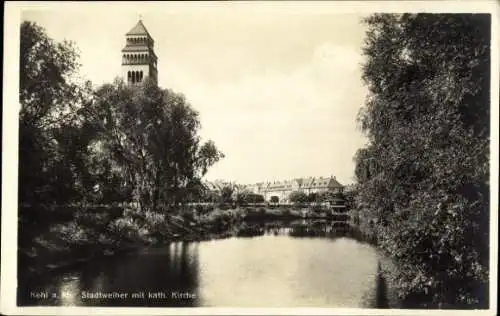 Ak Kehl am Rhein, Stadtweiher, katholische Kirche