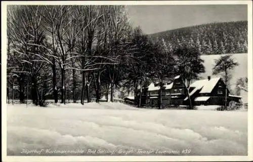 Ak Geising Altenberg im Erzgebirge, Hartmannmühle Jägerhof, Winter
