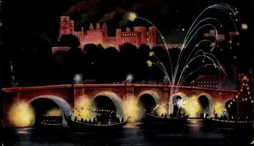 Ak Heidelberg Neckar, Schloss beleuchtet mit Brücke, Nachtaufnahme, Feuerwerk