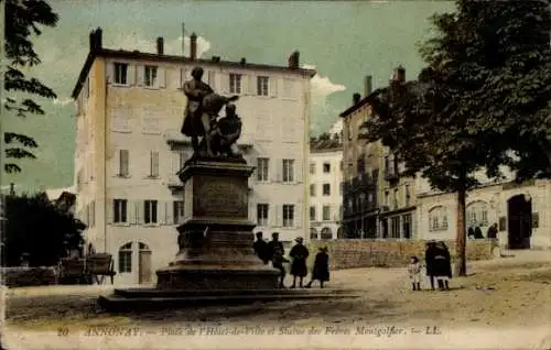 Ak Annonay Ardeche, Place de l'Hotel de Ville, Statue de Freres Montgolfier