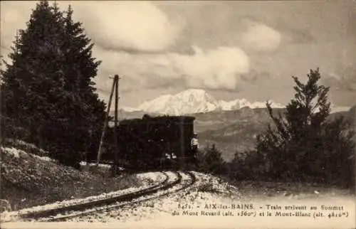 Ak Aix les Bains Savoie, Train arrivant au Sommet du Mont Revard, Mont Blanc