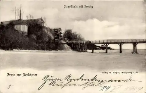 Ak Metschnikowo Neuhäuser Baltijsk Pillau Ostpreußen, Strandhalle mit Seesteg