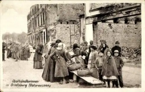 Ak Szczytno Ortelsburg Ostpreußen, Obsthändlerinnen, Markt, Ostpreußenhilfe 1. WK