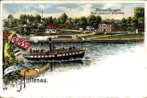 Litho Holtenau Kiel in Schleswig Holstein, Holtenauer Biergarten, Hotel und Salon, Dampfer