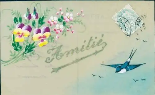 Zelluloid Ak Kitsch, Blumen, Schwalben, Stiefmütterchen