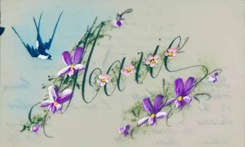 Zelluloid Ak Kitsch, Blumen, Schwalbe