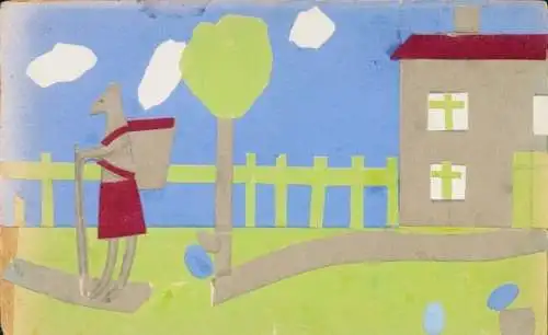 Stoff Ak Vermenschlichtes Tier, Haus, Collage