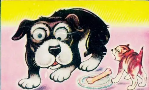 Wackelaugen Ak Hunde, Streit um Knochen, Teller
