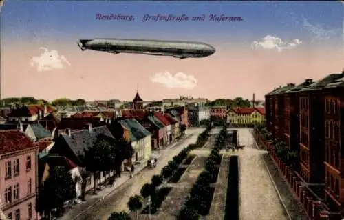 Ak Rendsburg in Schleswig Holstein, Zeppelin, Grafenstraße, Kasernen