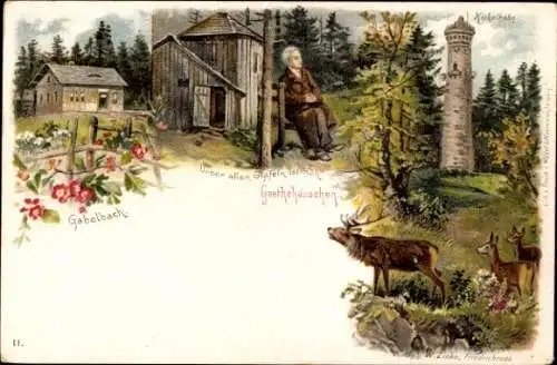 Litho Ilmenau Thüringen, Gabelbach, Goethehäuschen, Kickelhahn