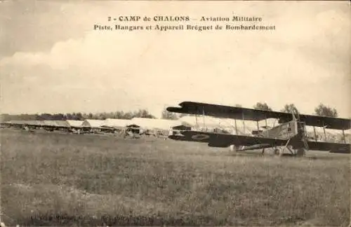 Ak Chalons Camp, Militärluftfahrt, Start- und Landebahn, Hangars, Breguet-Bombardierungsapparat