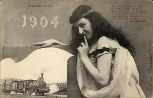 Ak Editions Bergeret, Glückwunsch Neujahr 1904, Dame, Portrait, Dampflokomotive