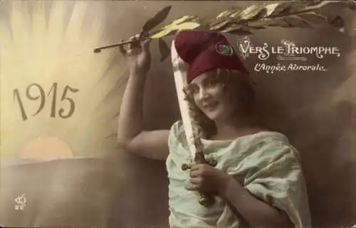 Ak Jahreszahl 1915, Marianne, Propaganda, Frau als Kriegerin, Schwert