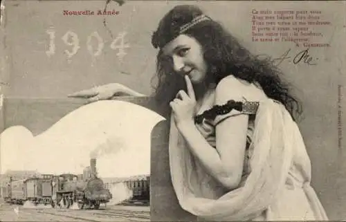 Ak Editions Bergeret, Glückwunsch Neujahr 1904, Dame, Portrait, Dampflokomotive
