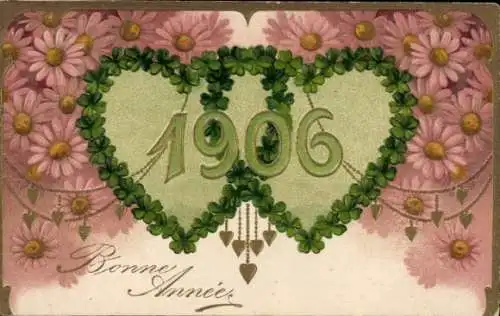 Präge Ak Glückwunsch Neujahr 1906, Blumen, Glücksklee
