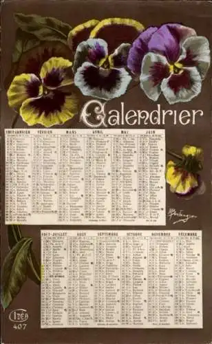 Ak Kalender, Blumen, Stiefmütterchen, Kitsch
