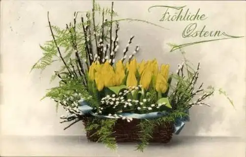 Ak Glückwunsch Ostern, Weidenkorb mit Weidenkätzchen und gelben Tulpen