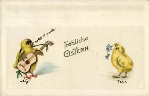 Präge Ak Glückwunsch Ostern, Küken mit Gitarre