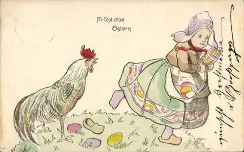 Ak Glückwunsch Ostern, Mädchen mit Ostereiern, Hahn