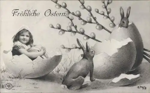 Ak Glückwunsch Ostern, Hase schlüpft aus einem Ei, Weidenkätzchen, Mädchen