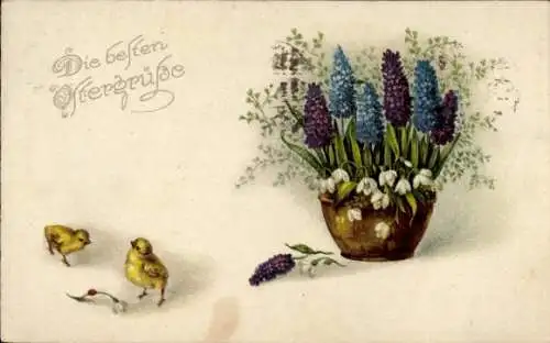 Ak Glückwunsch Ostern, Küken, Blumen in einer Vase