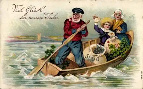 Präge Ak Glückwunsch Neujahr, Familie im Ruderboot, Säcke mit Münzen, Glücksklee