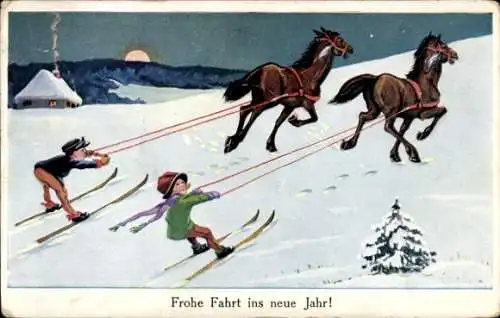Ak Glückwunsch Neujahr, Pferde ziehen Kinder auf Skiern