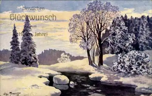 Künstler Ak Glückwunsch Neujahr, Winterlandschaft