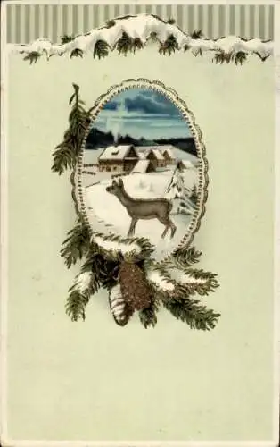 Passepartout Ak Winterlandschaft mit einem Reh